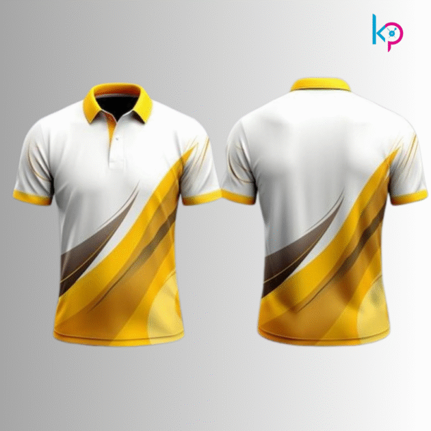 Men’s Dynamic Polo T-shirt – White/Yellow/Brown Abstract Design