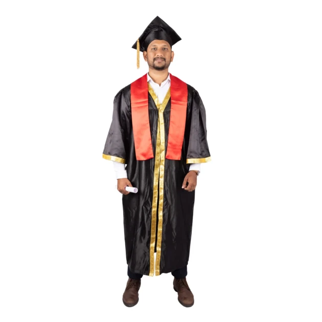 Gold Broder Black Graduation Gown & Cap Set & Red Sash(Purchase)