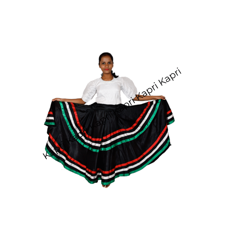 Traditional Mexican Folklorico Dance Skirt – Black with Tricolor Stripes