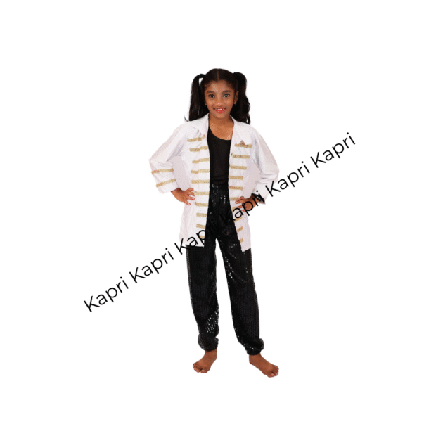 Kids’ Dance Costume – White & Gold Jacket with Black Sequin Pants