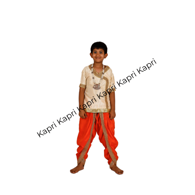 Kids’ Traditional Dance Costume – Cream Kurta with Orange Dhoti Pants