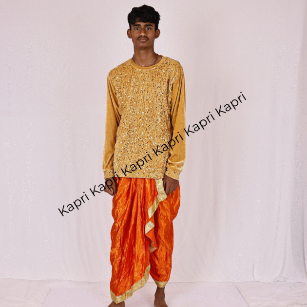 Skin Colour Velvet T-Shirt with Orange Dhoti