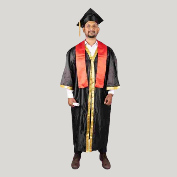 Gold Broder Black Graduation Gown & Cap Set & Red Sash(Purchase)