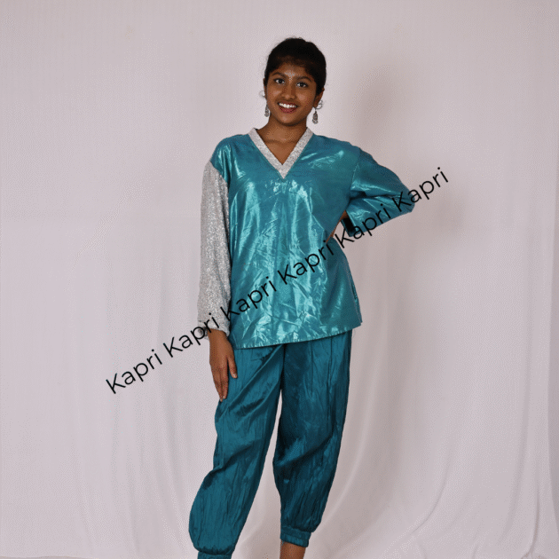 Blue Top With Silver Sleeves And Blue Balloon Pant