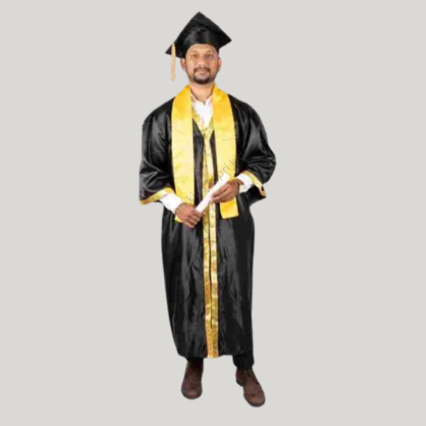 Gold Broder Black Graduation Gown & Cap Set & Yellow Sash(Purchase)