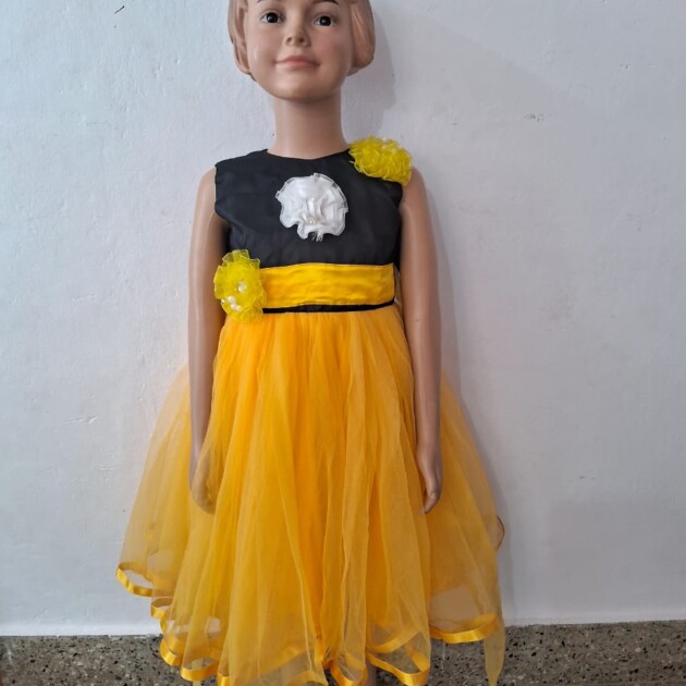 Yellow & Black Floral Net Party Dress for Girls