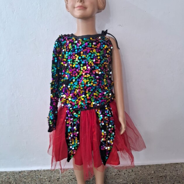 Girls’ Multicolor Sequin & Red Net Dance Party Dress