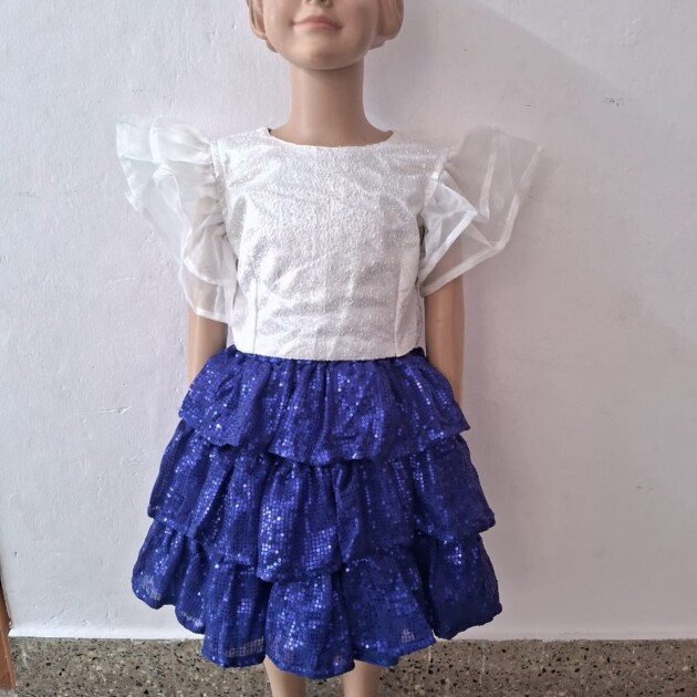 Royal Blue Sequin Layered Party Frock with White Ruffle Sleeves