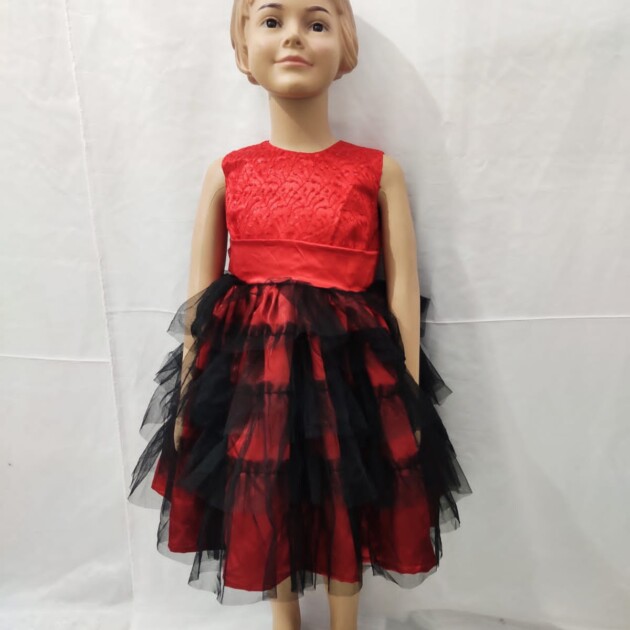 Elegant Red & Black Layered Party Frock for Girls