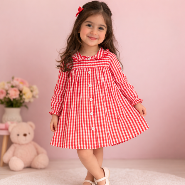 Girls Red Checked Cotton Dress