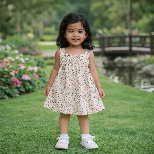 Beige Floral Printed Frock for Girls