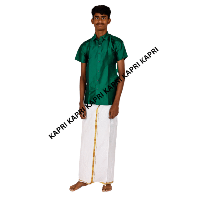 Boys Traditional Veshti and Shirt Set – Green and White Combination