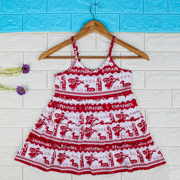 Red & White Sleeveless Printed Frock for Girls