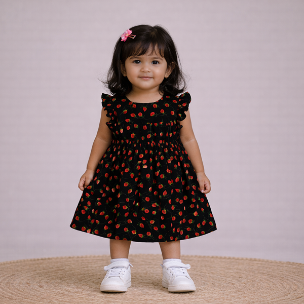 Black With Red Strawberry Print Frocks