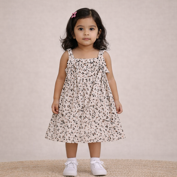 Beige Floral Printed Frock for Girls