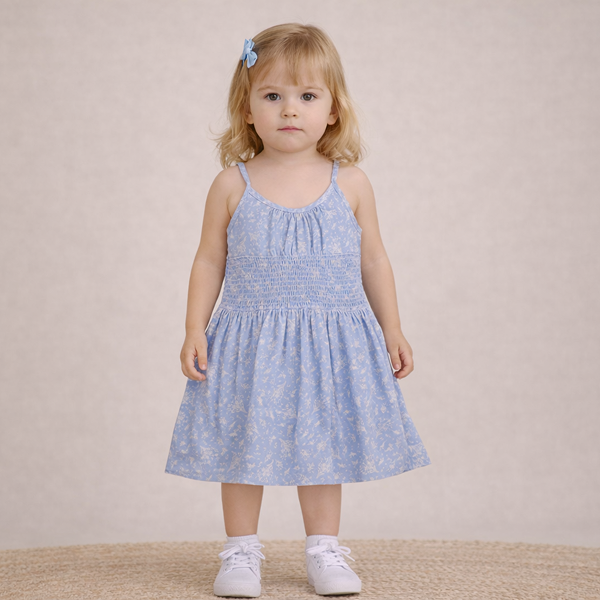 Light Blue Floral Printed Frock for Girls