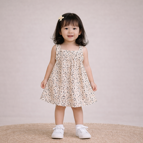 Beige Floral Printed Frock for Girls