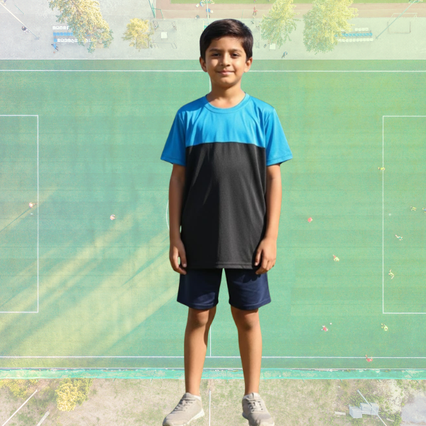 Kids Sports Uniform Set – Blue & Black T-Shirt with Navy Shorts