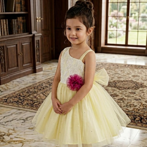 Elegant Yellow Floral Party Dress for Girls