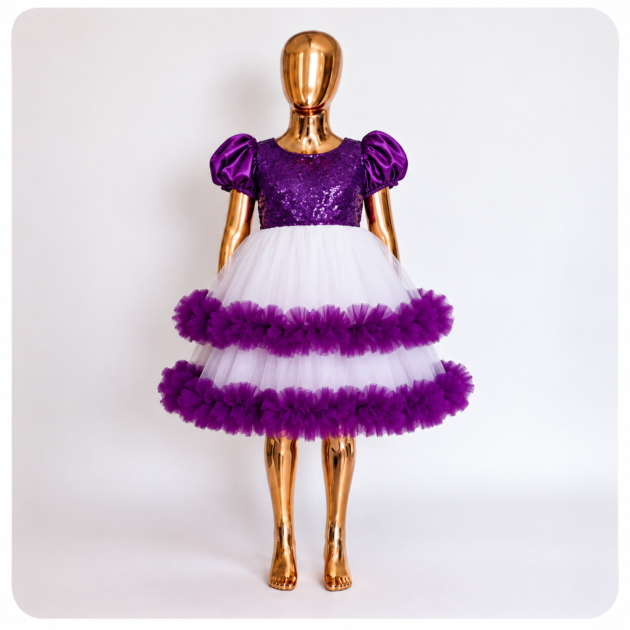 Purple & White Floral Tulle Party Dress for Girls