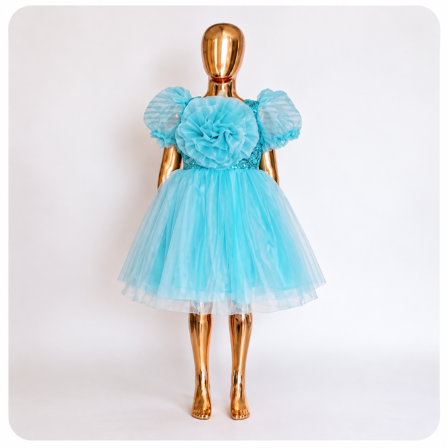 Sky Blue Floral Tulle Party Dress for Girls