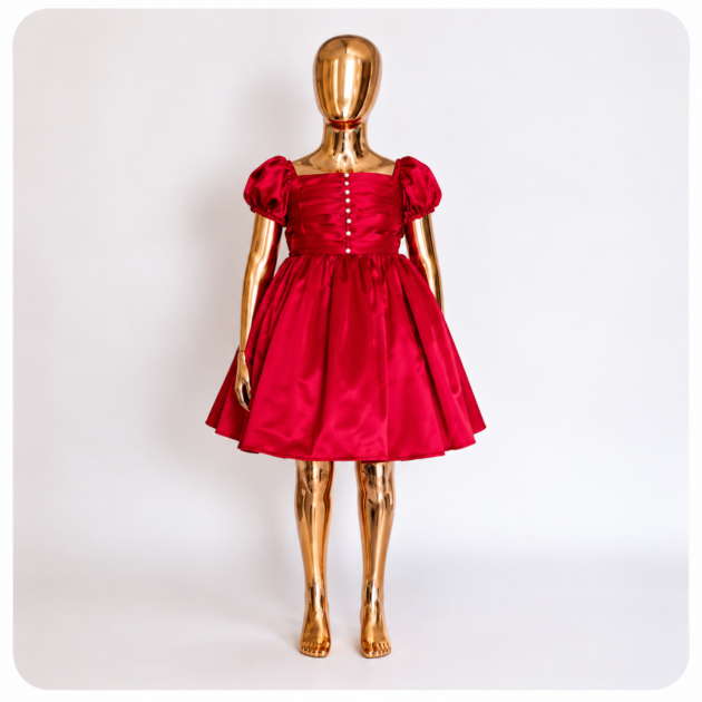 Red Satin Puff Sleeve Party Dress for Girls
